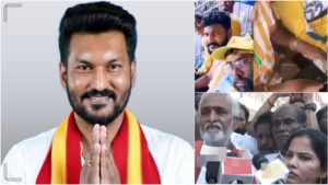 Former DMK Minister Sekar Babu and Chennai Mayor Priya leading a massive road blockade protest with DMK Student Wing members in Purasaiwakkam, Chennai.