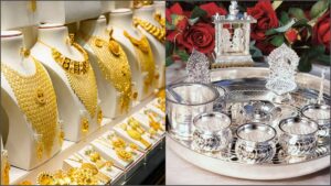 A close-up cinematic shot of premium 22-carat gold jewelry arrangements alongside pure silver bars displaying daily market value changes.