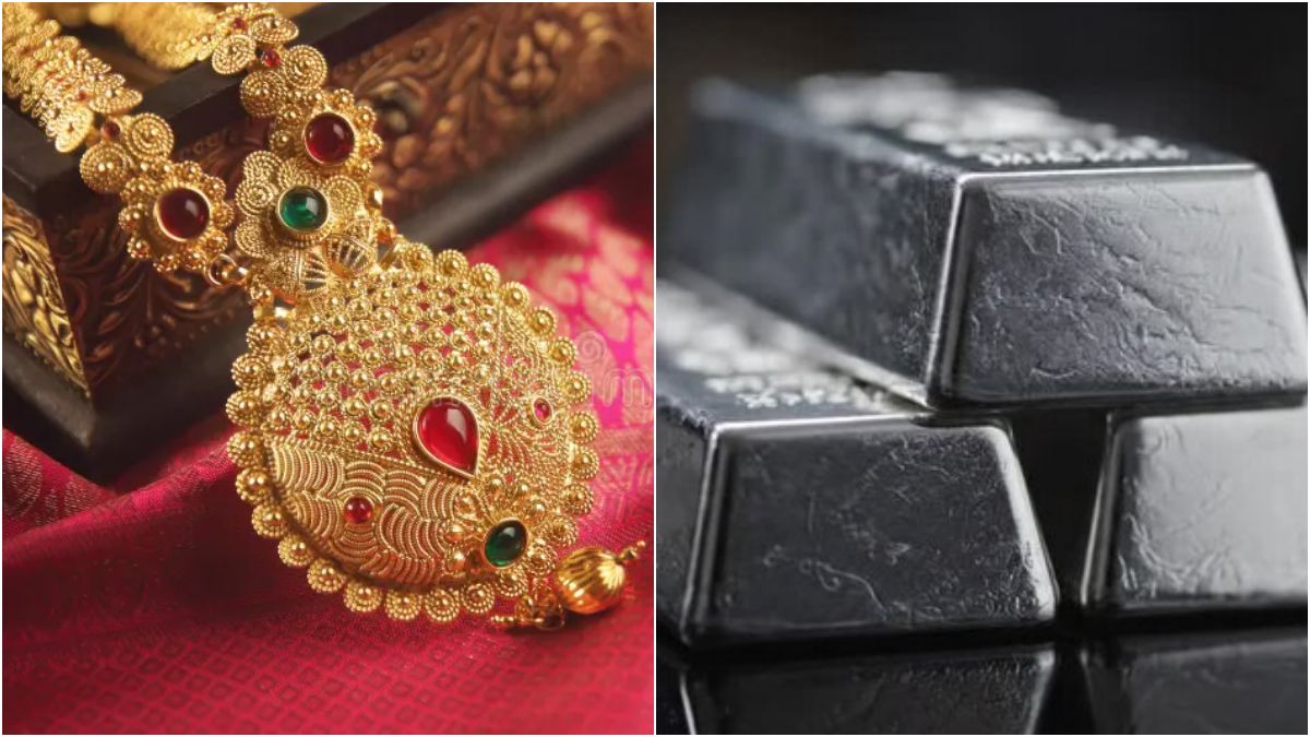 Today gold and silver rates with 22 karat gold ornaments and silver bars displayed for daily financial market updates in Chennai.