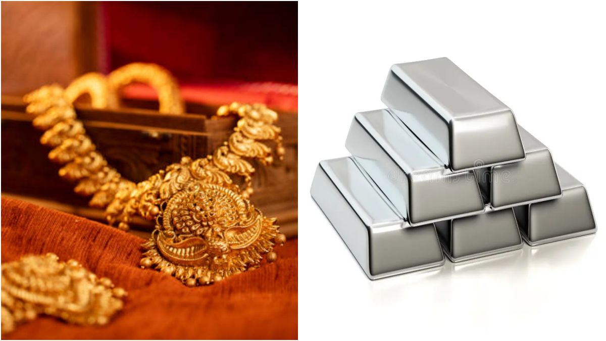 Pure physical gold ornaments and silver bars showcasing real time premium jewelry market rate displays.