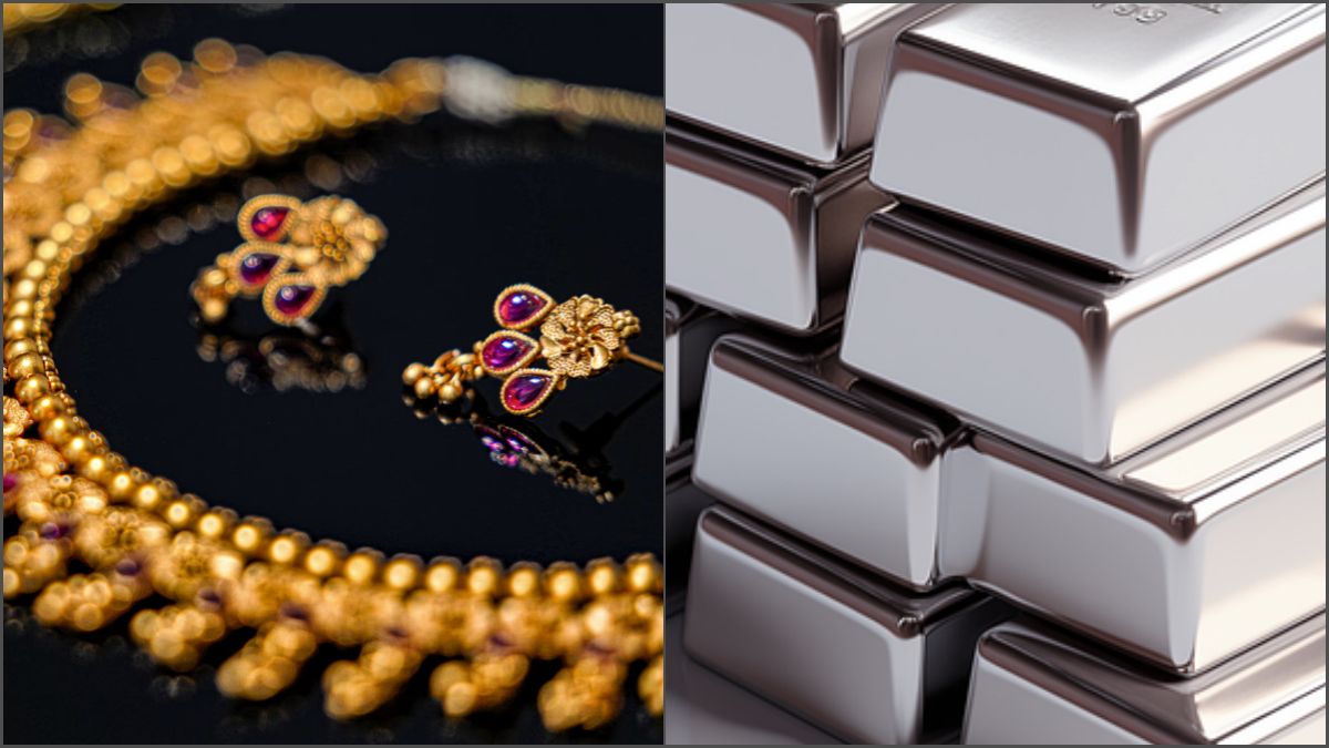 A close-up cinematic shot of beautiful Indian traditional gold bridal jewelry sets resting on a luxury retail display counter during a market price drop.