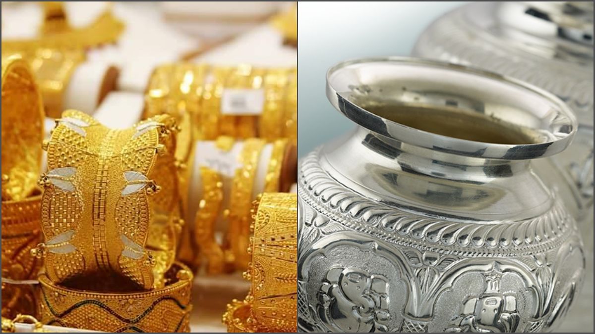 A close-up cinematic shot of beautiful Indian traditional gold ornaments laid out beautifully over a retail display counter during an extended market price correction.