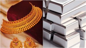 Luminous gold jewelry ornaments and pure silver bars stacked neatly over a daily financial market graph background.