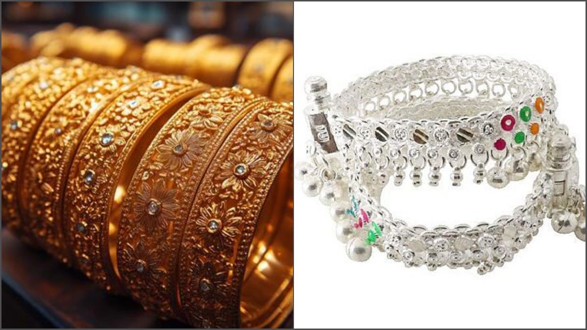 A high-end professional stock image displaying heavy pure gold ornaments alongside fine silver bricks experiencing a massive pricing downward correction on digital market screens.