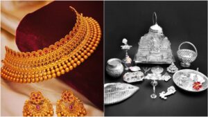 Elegant retail jewelry display units featuring certified physical gold ornaments and silver bullion metrics.