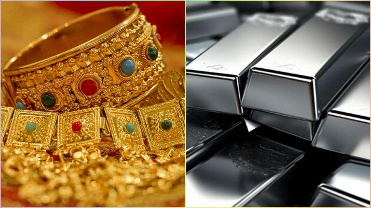 A premium commercial financial visual capturing professional glossy close-up shots of high-quality shining gold ornaments arranged alongside pure heavy silver bars over a rich dark background.