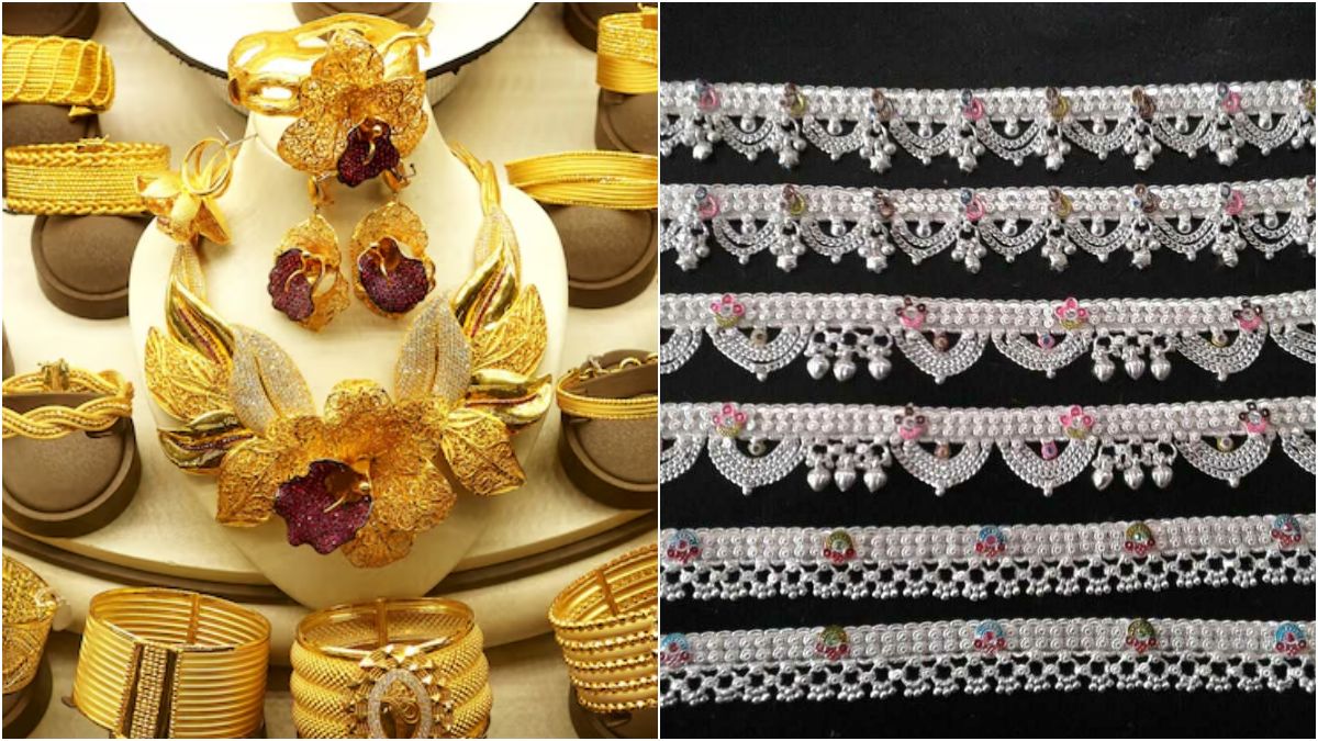 A close-up view of traditional Indian shiny 22kt gold jewelry ornaments and fine silver bars placed elegantly on a decorative fabric surface.