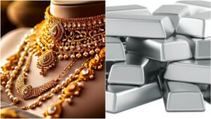Close-up display of shiny gold ornaments and premium silver bars representing retail commodity rate charts inside an Indian boutique.
