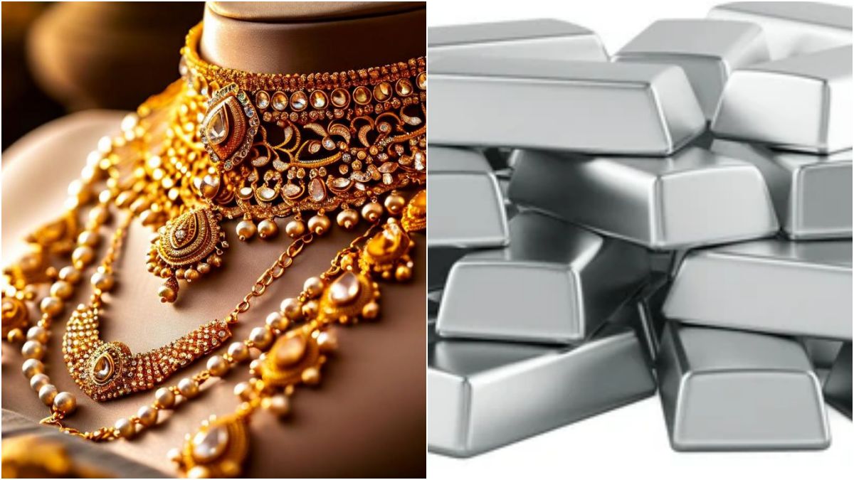 Close-up display of shiny gold ornaments and premium silver bars representing retail commodity rate charts inside an Indian boutique.
