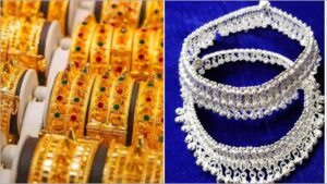 Traditional gold necklaces and heavy jewelry sets placed next to a digital market pricing chart showing a downward trend icon.