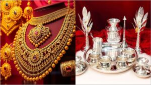 Pure gold biscuits and delicate silver chains displayed neatly on a velvet tray inside a modern jewelry retail store showroom.