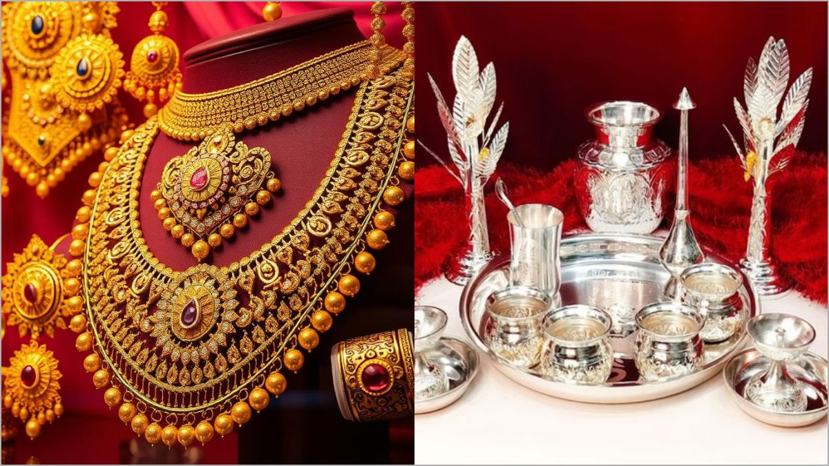 Pure gold biscuits and delicate silver chains displayed neatly on a velvet tray inside a modern jewelry retail store showroom.