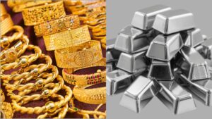 Gleaming gold bangles and traditional silver anklets placed neatly on a reflective glass surface inside a modern jewelry boutique.