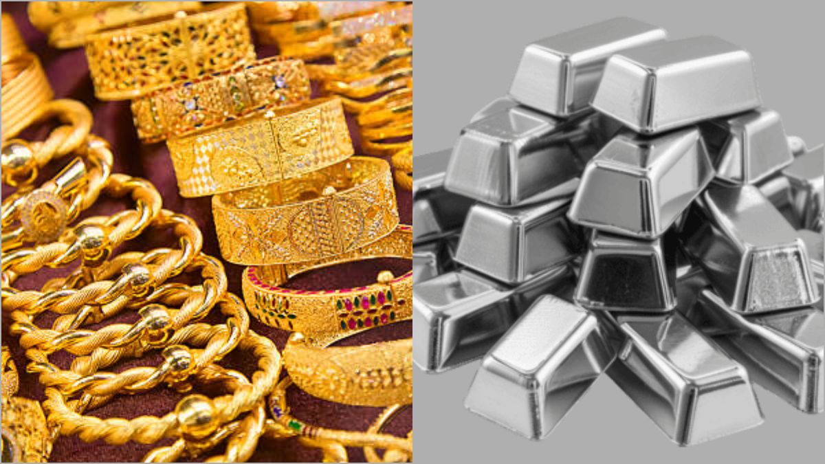 Gleaming gold bangles and traditional silver anklets placed neatly on a reflective glass surface inside a modern jewelry boutique.