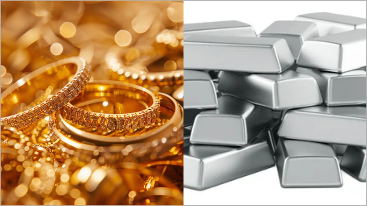 Premium gold jewelry ornaments and pure silver bars placed beautifully on a modern digital pricing display board background.