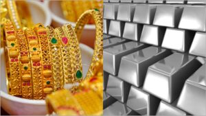 A beautiful close-up of shiny traditional gold bangles and identical silver coins placed on a luxury velvet retail jewelry store counter setup.