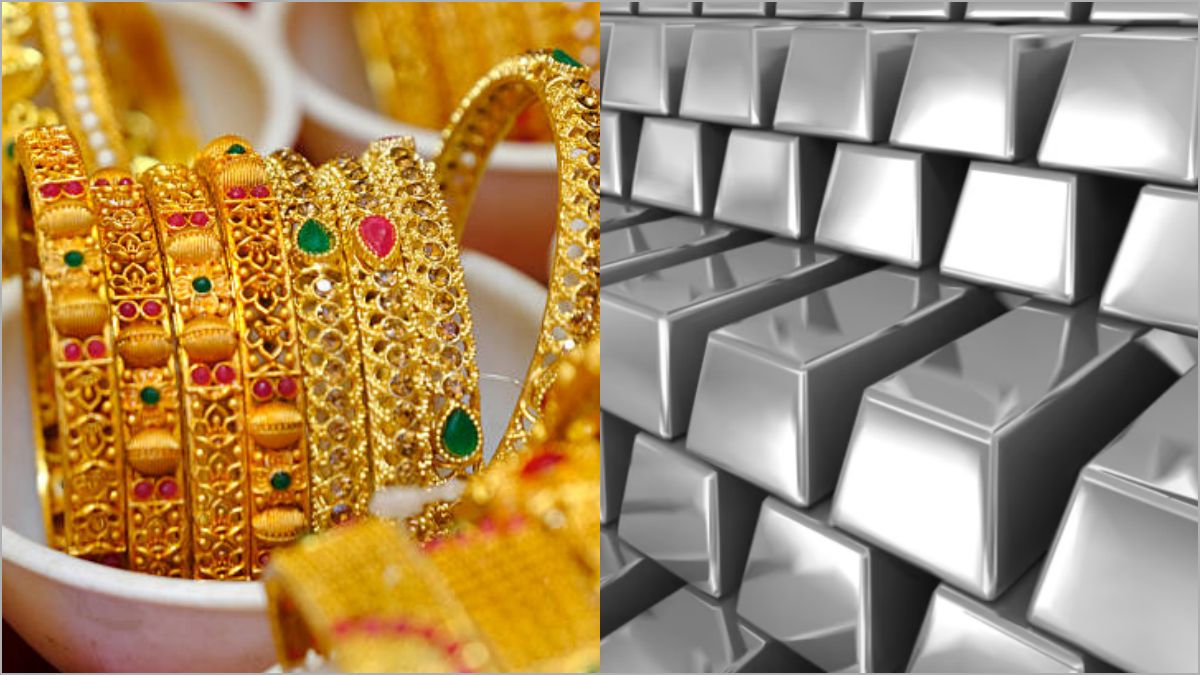A beautiful close-up of shiny traditional gold bangles and identical silver coins placed on a luxury velvet retail jewelry store counter setup.