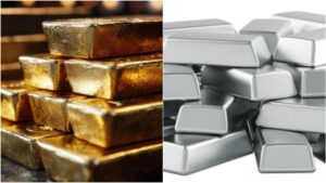 A high-quality premium financial news graphics design featuring stylized commercial bullion bars stacked near analytical stock market price charts.
