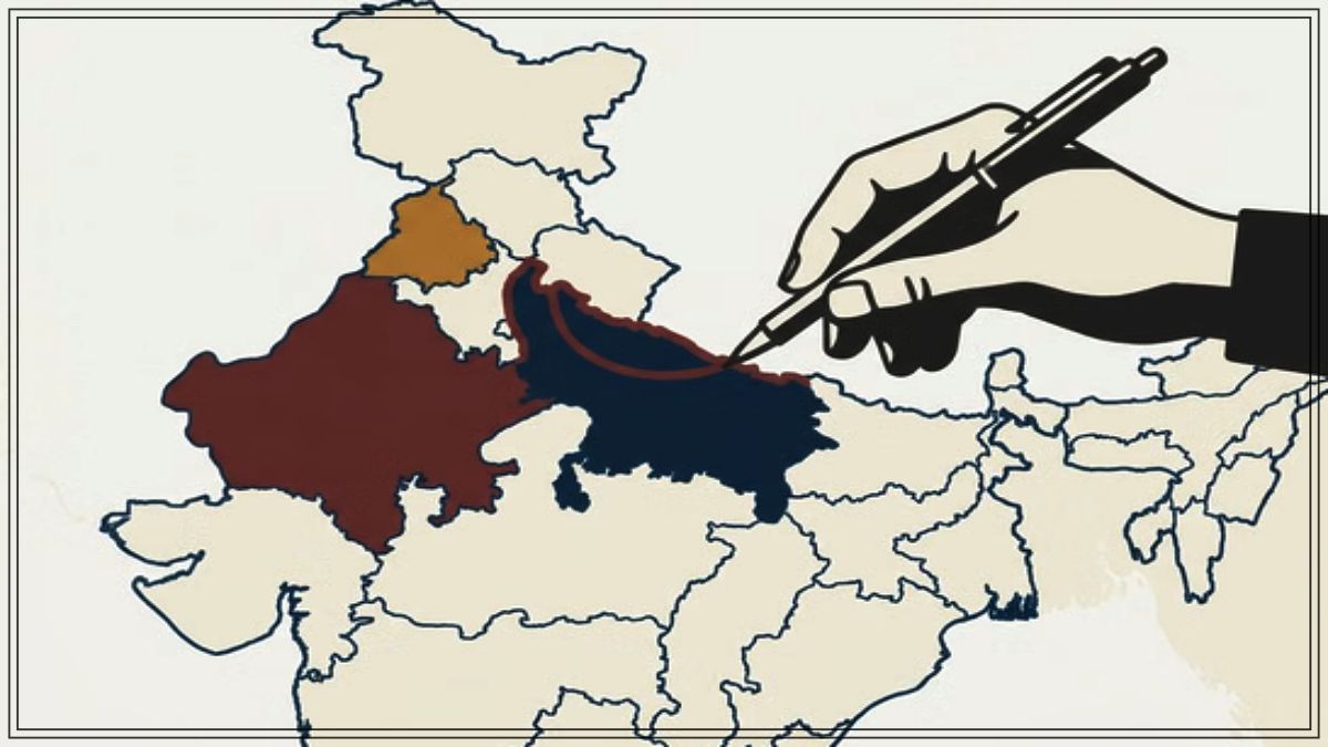 A premium analytical graphic showing the map of India highlighted with varying demographic density colors layered over the new Parliament House seating layout.