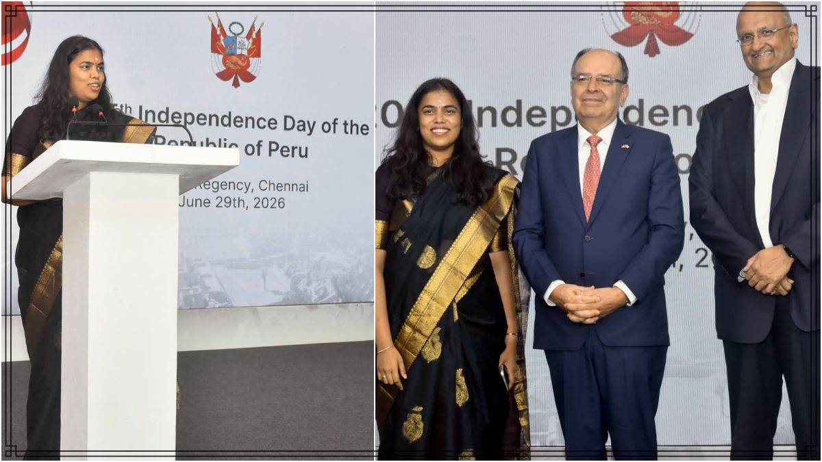 Tamil Nadu Industries Minister Keerthana exchanging diplomatic greetings with Peru Ambassador Javier Paulinich during an official summit