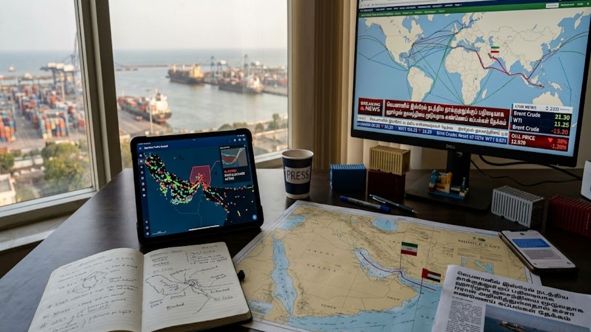 Commercial oil tankers anchored near restricted maritime boundary straits representing geopolitical energy blockades.