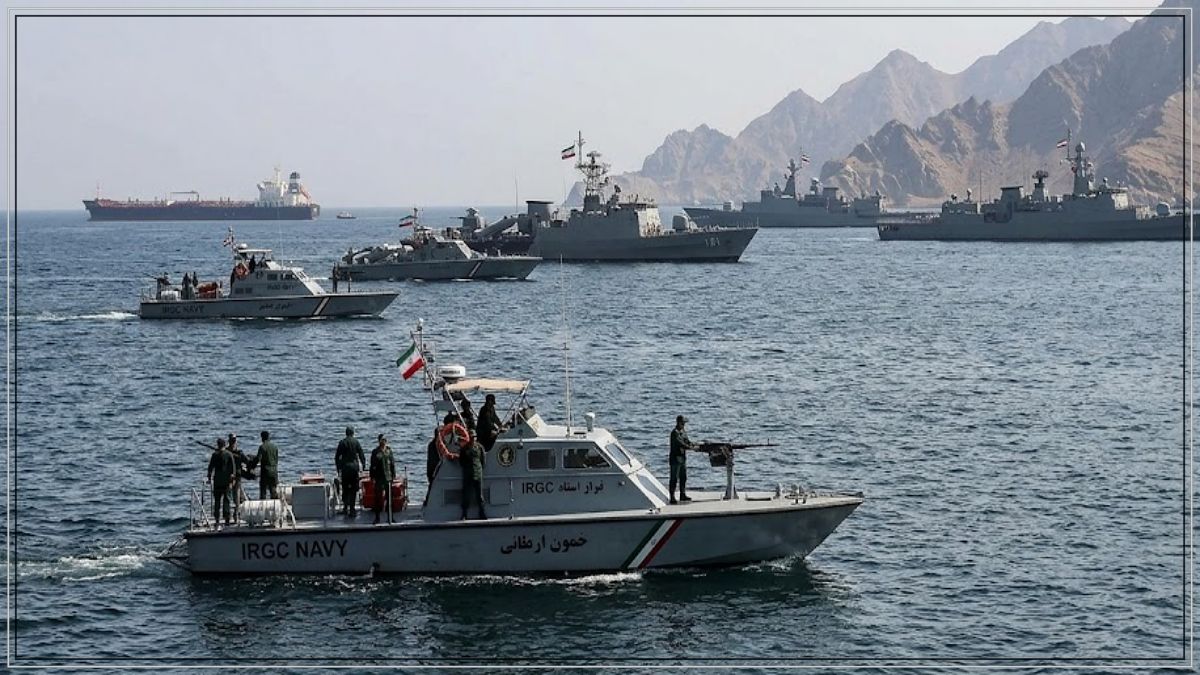 Military presence and war vessels guarding the narrow Strait of Hormuz contextually representing geopolitical blockade by Iran IRGC.