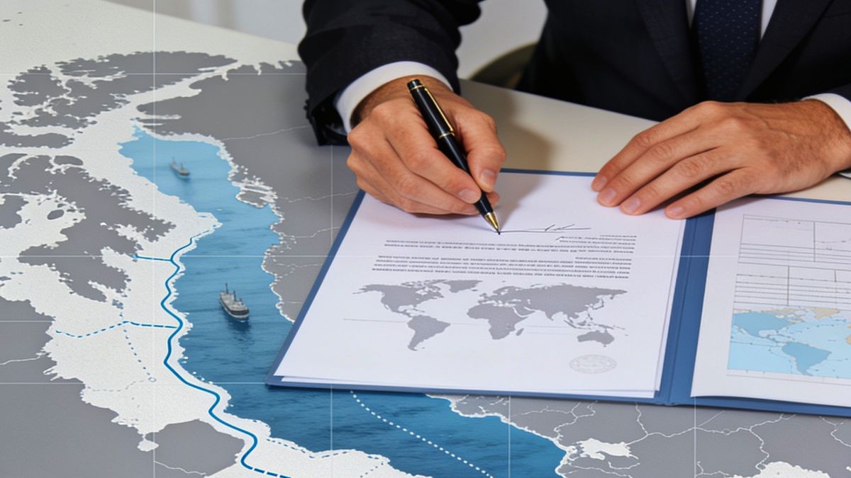 A high-quality premium international news graphics capturing abstract visual concepts of signing corporate modern peace diplomacy documents overlapping with schematic coastal maritime shipping channels.