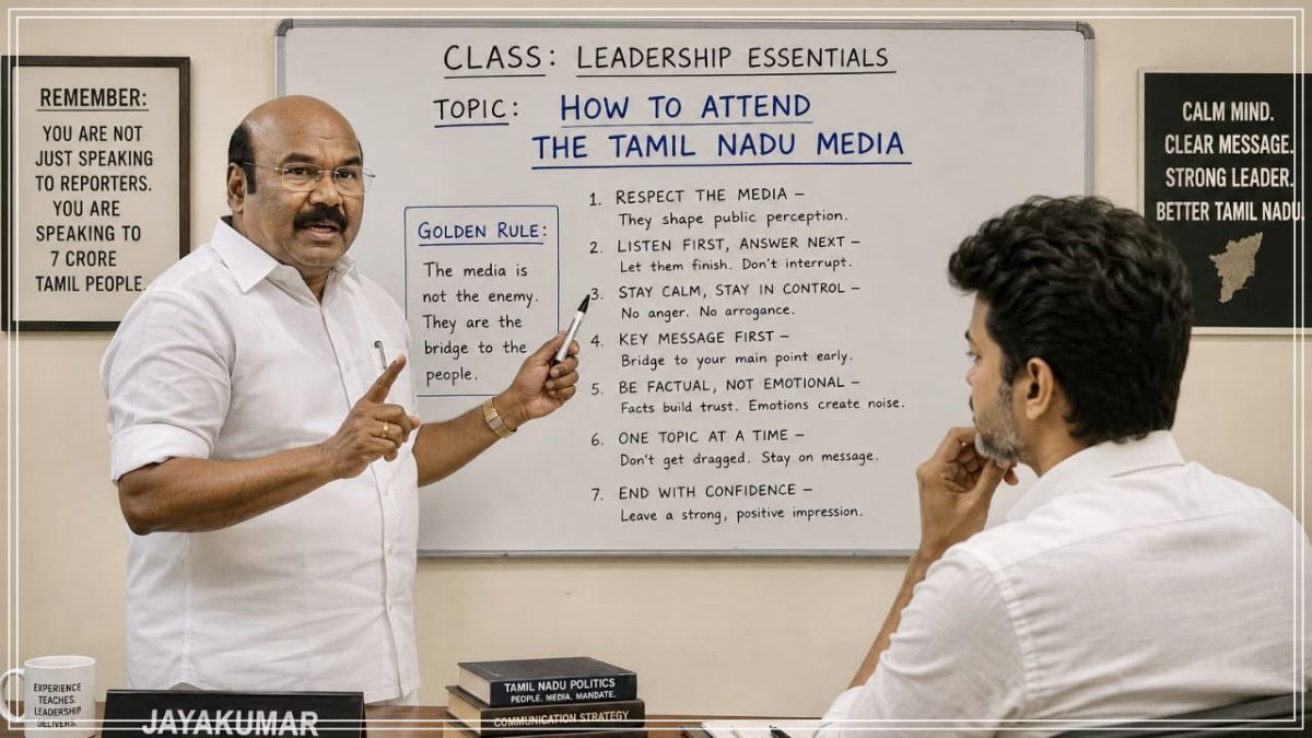 A high-quality premium digital news layout depicting an administrative press room setup with broadcasting microphones on a wooden table.