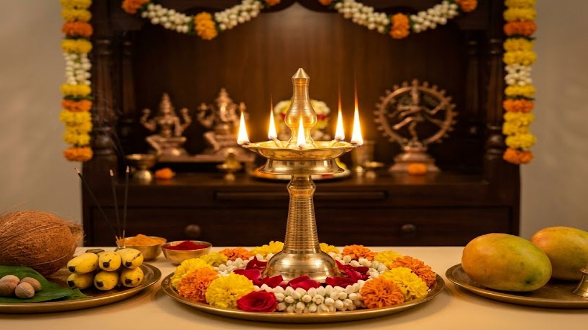 Beautiful traditional brass lamp glowing in a serene puja room setup representing the sacred energy of July 2026 spiritual days.