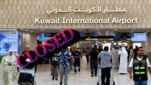 A dramatic wide shot of Kuwait International Airport terminal under high-security military operations with defensive air defense system radars tracking coordinates under an overcast sky.
