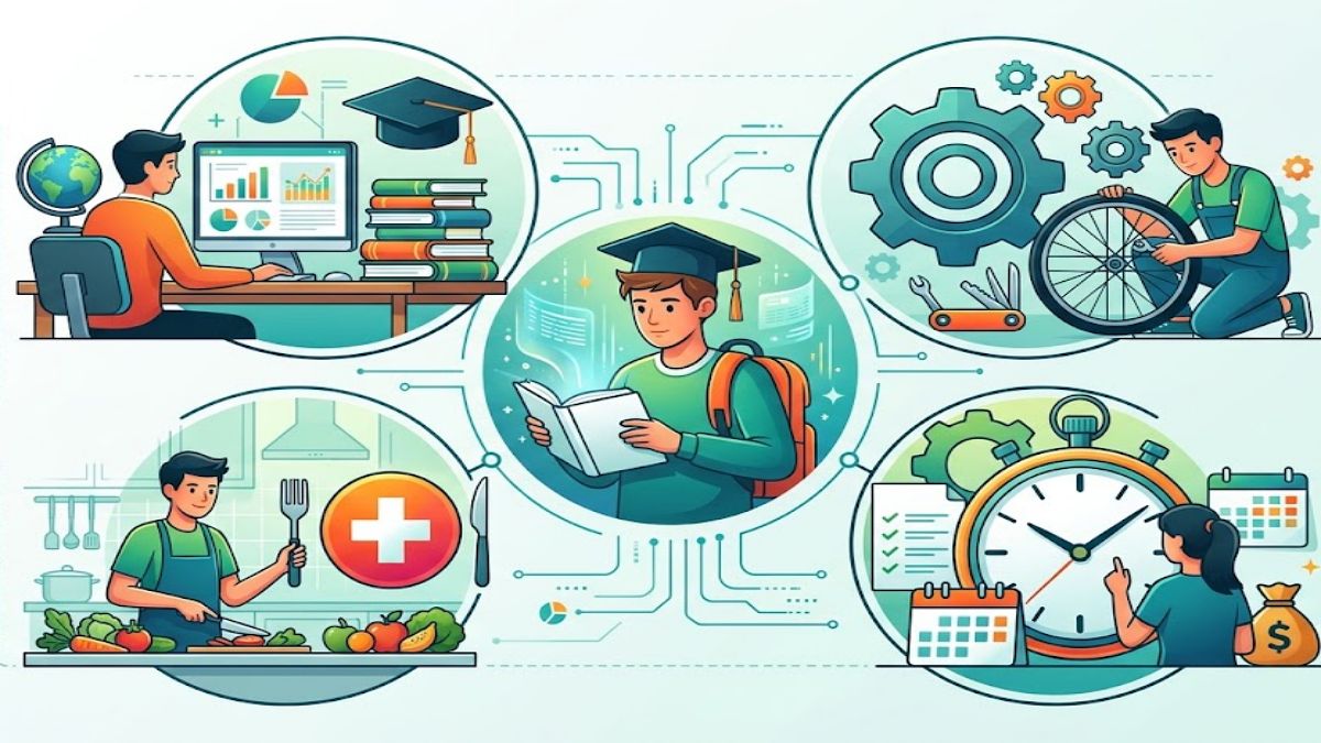 An artistic illustration showing a student balancing a graduation cap with practical life elements like a clock, a first aid box, and a cooking spatula, representing holistic education.