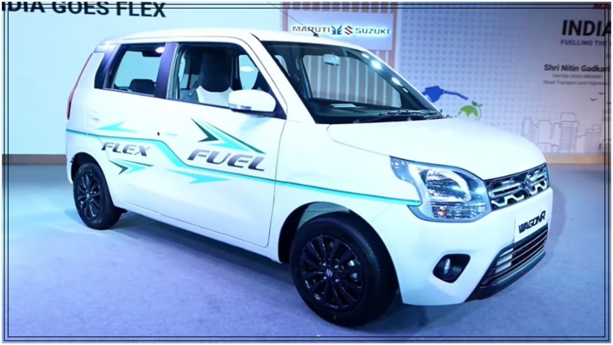 A high-quality premium automotive editorial graphics layout showing a modern metallic hatchback car parked outside a contemporary eco-friendly fueling terminal setup.