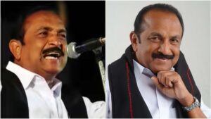 MDMK General Secretary Vaiko speaking aggressively at a press conference with microphones in front of him.