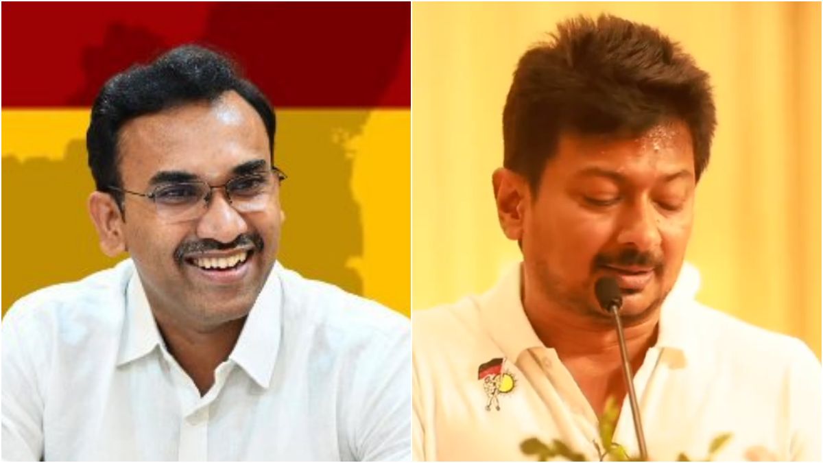 Split banner showcasing DMK youth wing leader Udayanidhi Stalin on the left and TVK Minister Arunraj addressing a press conference on the right, overlayed with a conceptual assembly house layout.