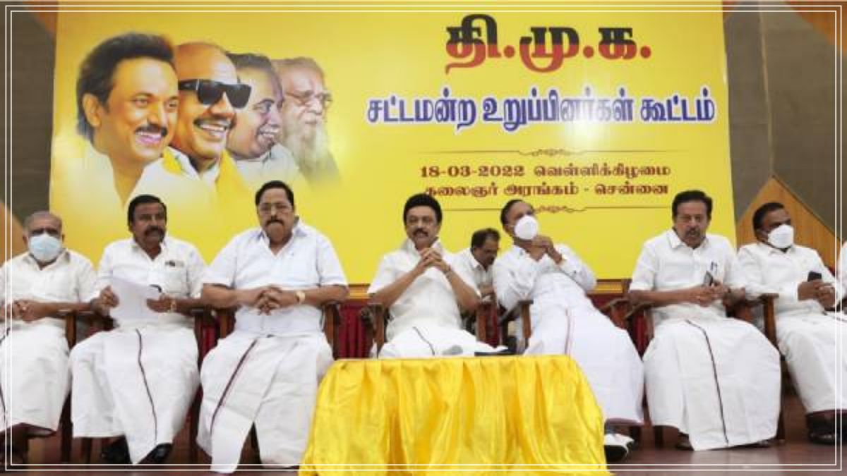 DMK President MK Stalin presiding over the legislative assembly members meeting inside Kalaignar Arangan at Anna Arivalayam in Chennai.