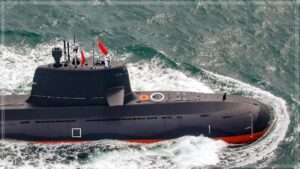 Advanced Hangor-class naval submarine navigating through deep ocean waters representing international maritime defense movements in the Bay of Bengal.