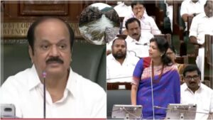 PMK MLA Dr. Sowmiya Anbumani presenting statistics and maps during her address in the Tamil Nadu Legislative Assembly regarding the Cauvery water crisis.