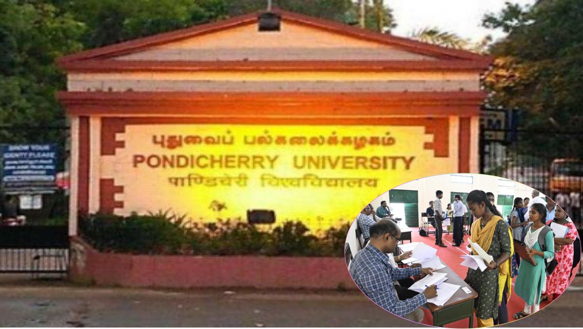 A high-quality premium architectural view of the main administrative building and campus entrance of Pondicherry University under bright daylight.