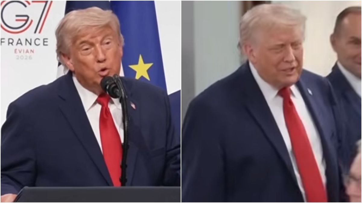 US President Donald Trump delivering a powerful speech at a podium regarding the US-Iran peace treaty, international trade markets, and global alliances.