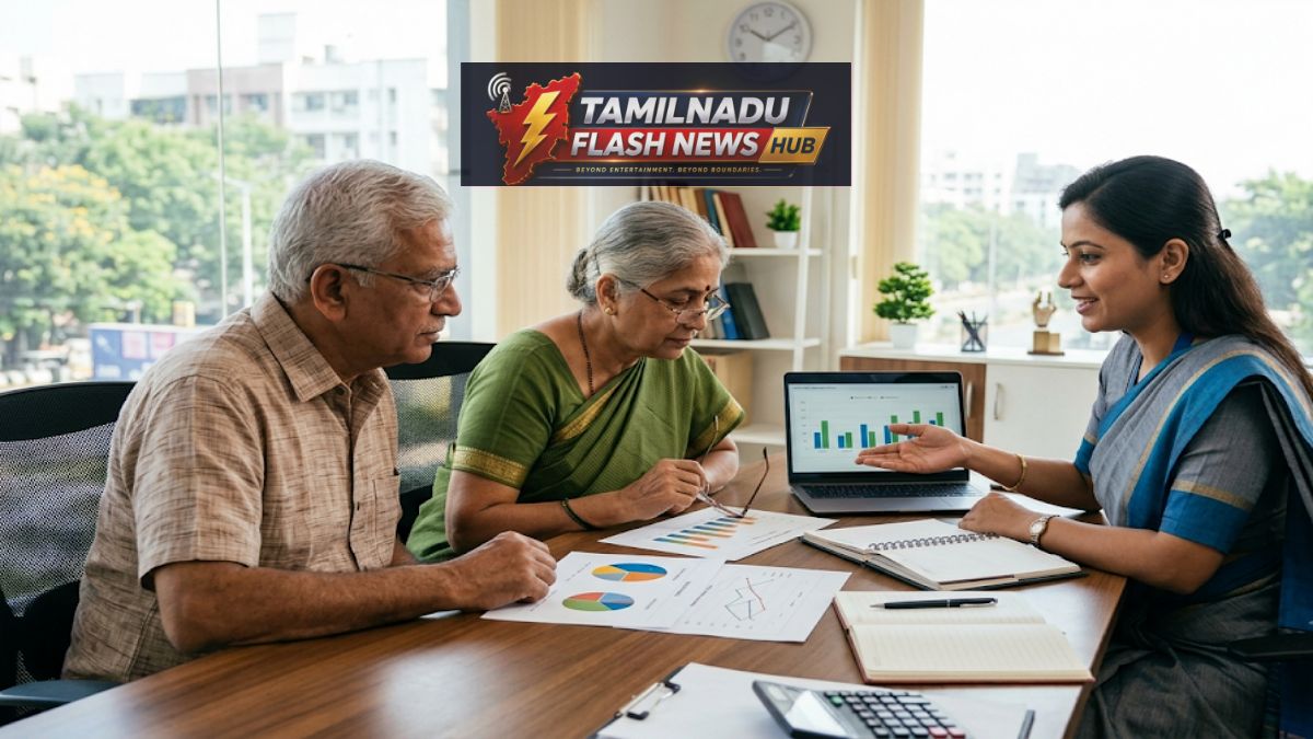 An elderly couple sits across from a professional female financial advisor looking at retirement savings charts and a laptop inside a brightly lit office.