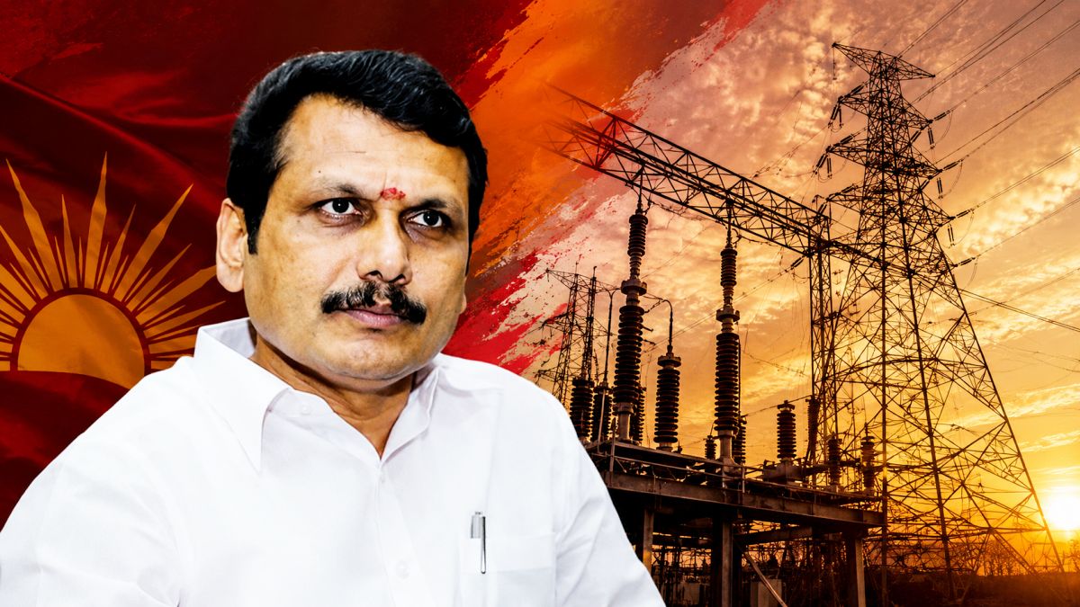 A high-quality premium political news layout graphics featuring a close-up of a high-voltage electrical substation overlaid with symbolic regional party colors.