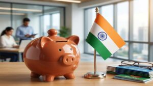 A brown ceramic piggy bank sitting on a corporate wooden desk next to a miniature Indian national flag and stacked post office passbooks, representing secure government-backed savings schemes.