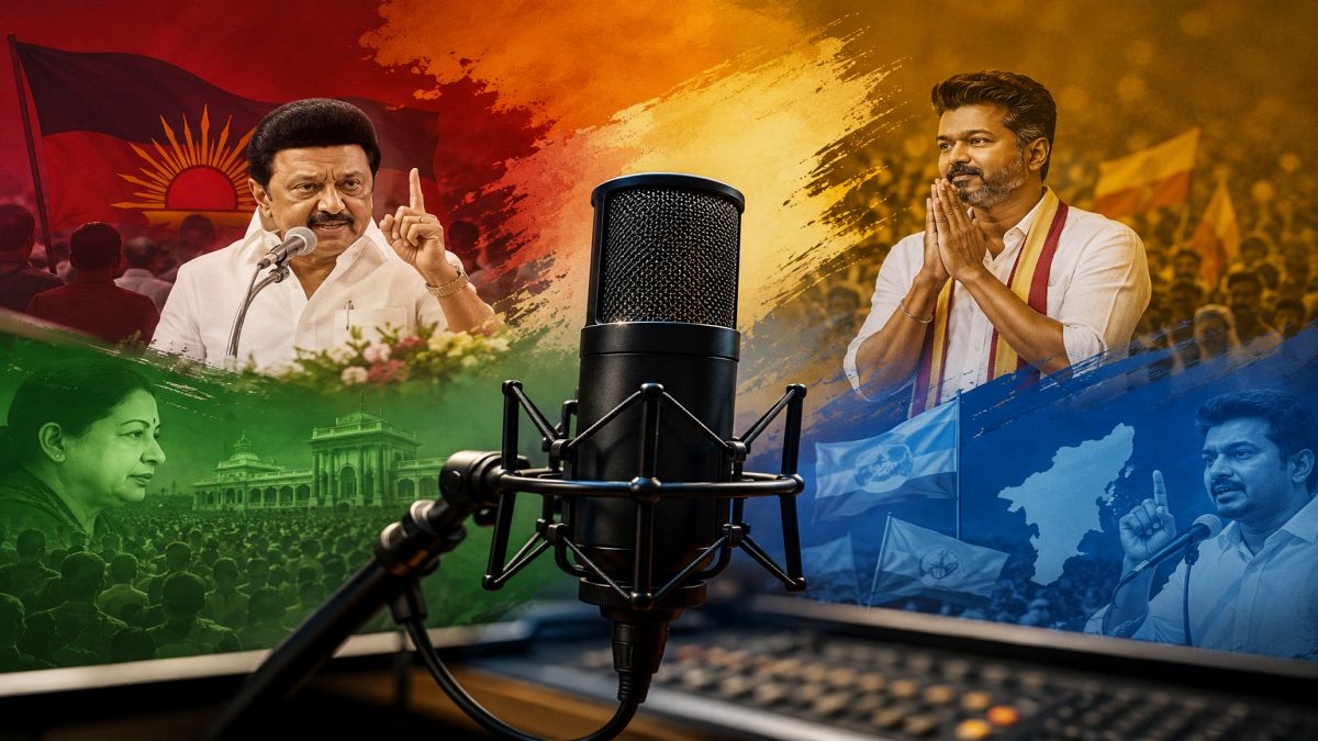 A high-quality creative political news graphics featuring a professional studio microphone backdrop with abstract color overlays representing major regional legislative parties in South India.