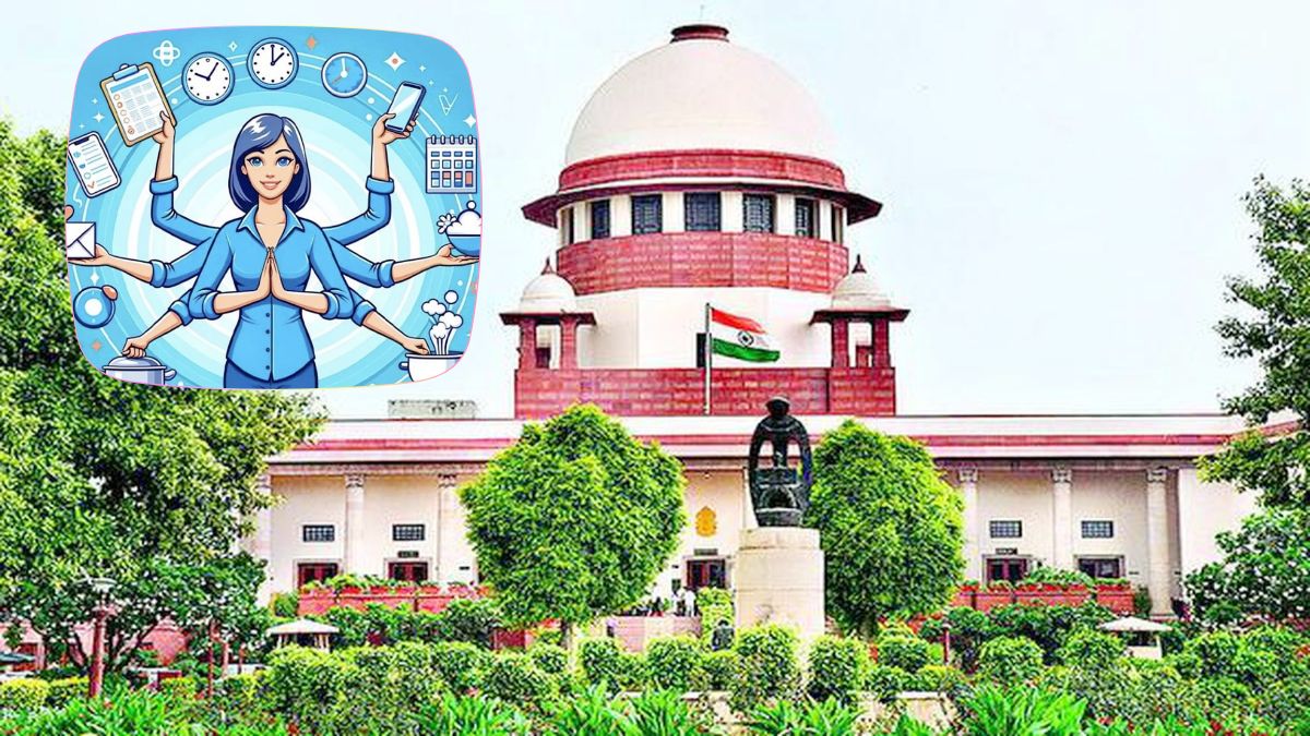 A symbolic high-end conceptual visual blending a premium gavel of justice on a courtroom desk with an artistic overlay representing a dedicated homemaker caring for her family.