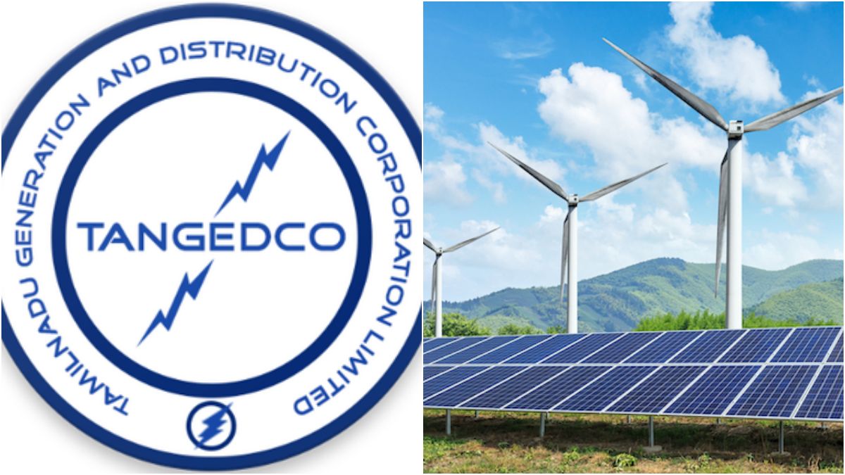 Panoramic view of modern wind turbines and solar panel grids operational in green energy networks across rural Tamil Nadu.