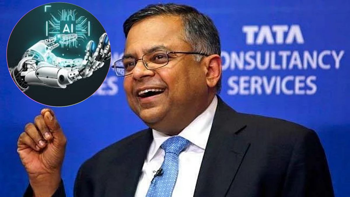 Tata Sons and TCS Chairman N. Chandrasekaran addressing global shareholders virtually during an executive corporate leadership assembly layout.