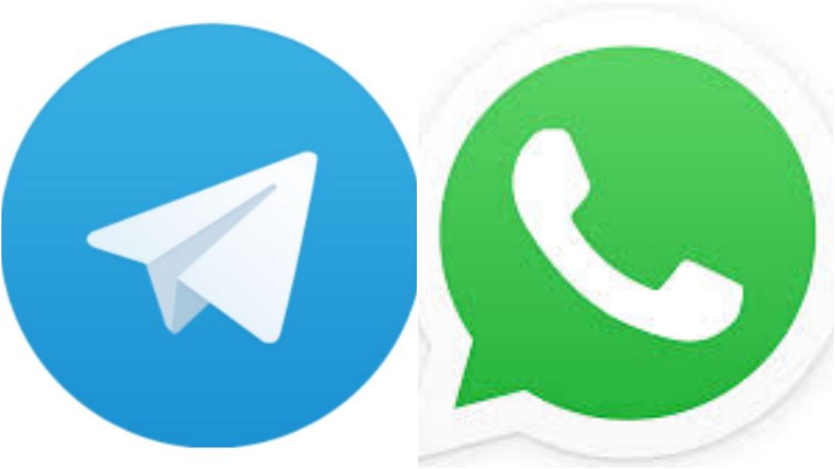 A side-by-side comparison graphics layout showing the logos of Telegram and WhatsApp on a smartphone screen with an official compliance lock over the Telegram interface.