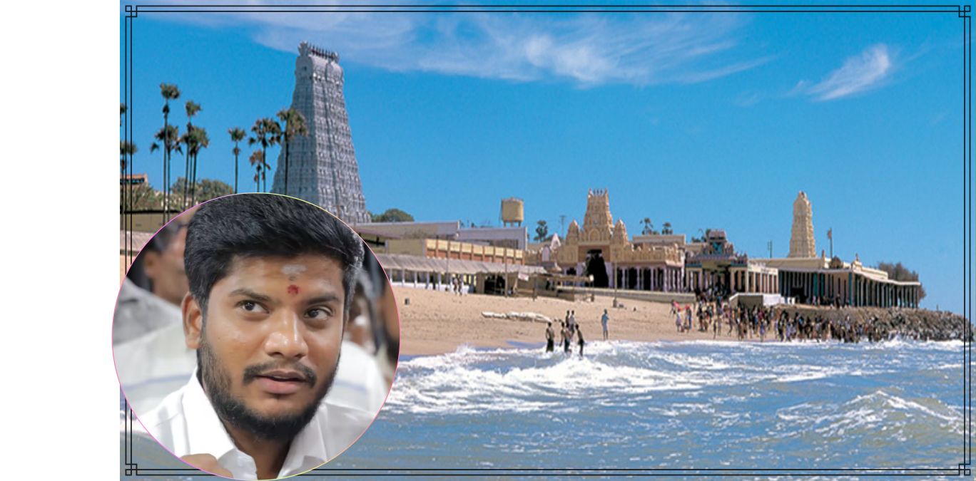 Towering traditional white stone Gopuram architecture of a coastal South Indian temple structure under daylight. And endowment minister TVK Ramesh is describing about tax fares at temple.