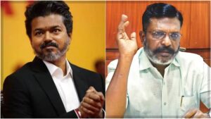 VCK President Thol. Thirumavalavan speaking during a formal press interaction, addressing state administrative policies and worker welfare initiatives.