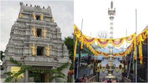 Grand historic South Indian temple sanctuary beautifully adorned with vibrant traditional floral structures and bright ceremonial lights.